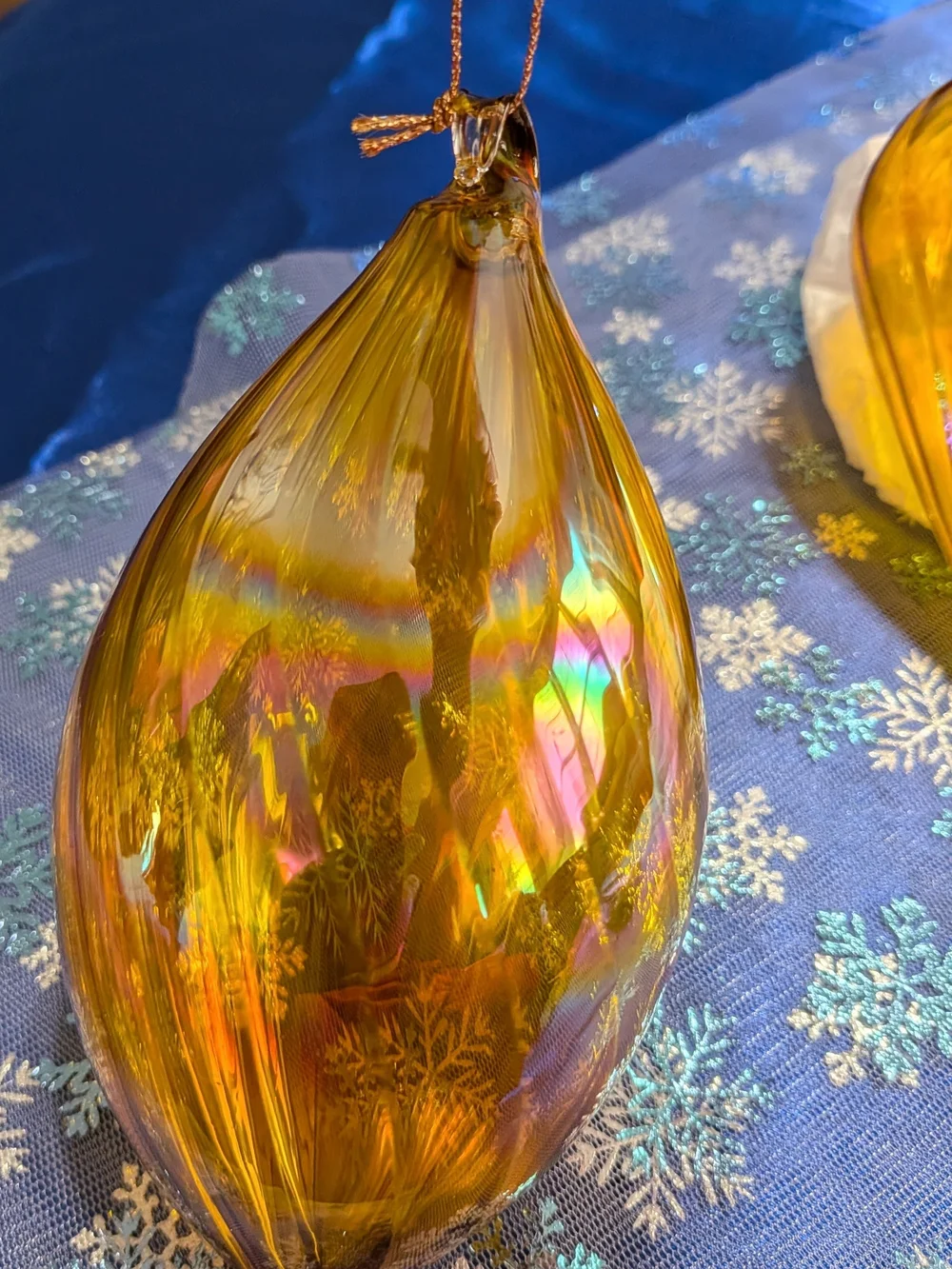 Large Amber Iridescent Art Glass Teardrop Ornament Set Of 2  6-7